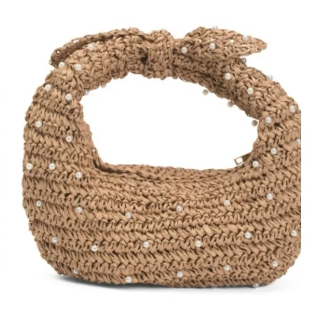 Haute Hippie Tan Woven Pearl-Embellished Hobo Bag